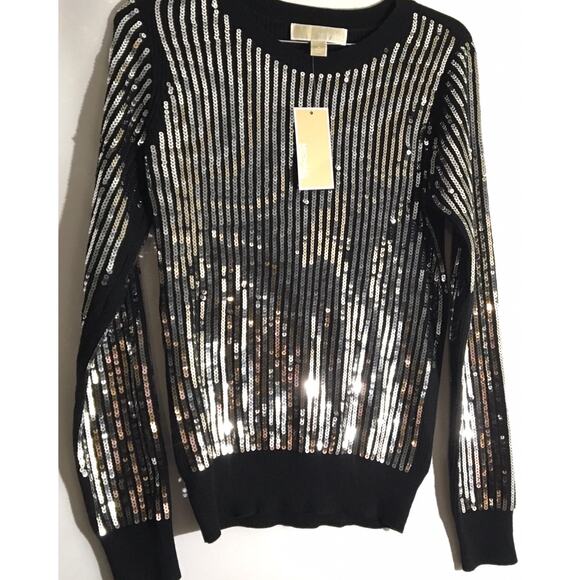 NWT Michael Kors MK Black Knit Silver Sequin Front Sweater Women's Size Small - Picture 1 of 5